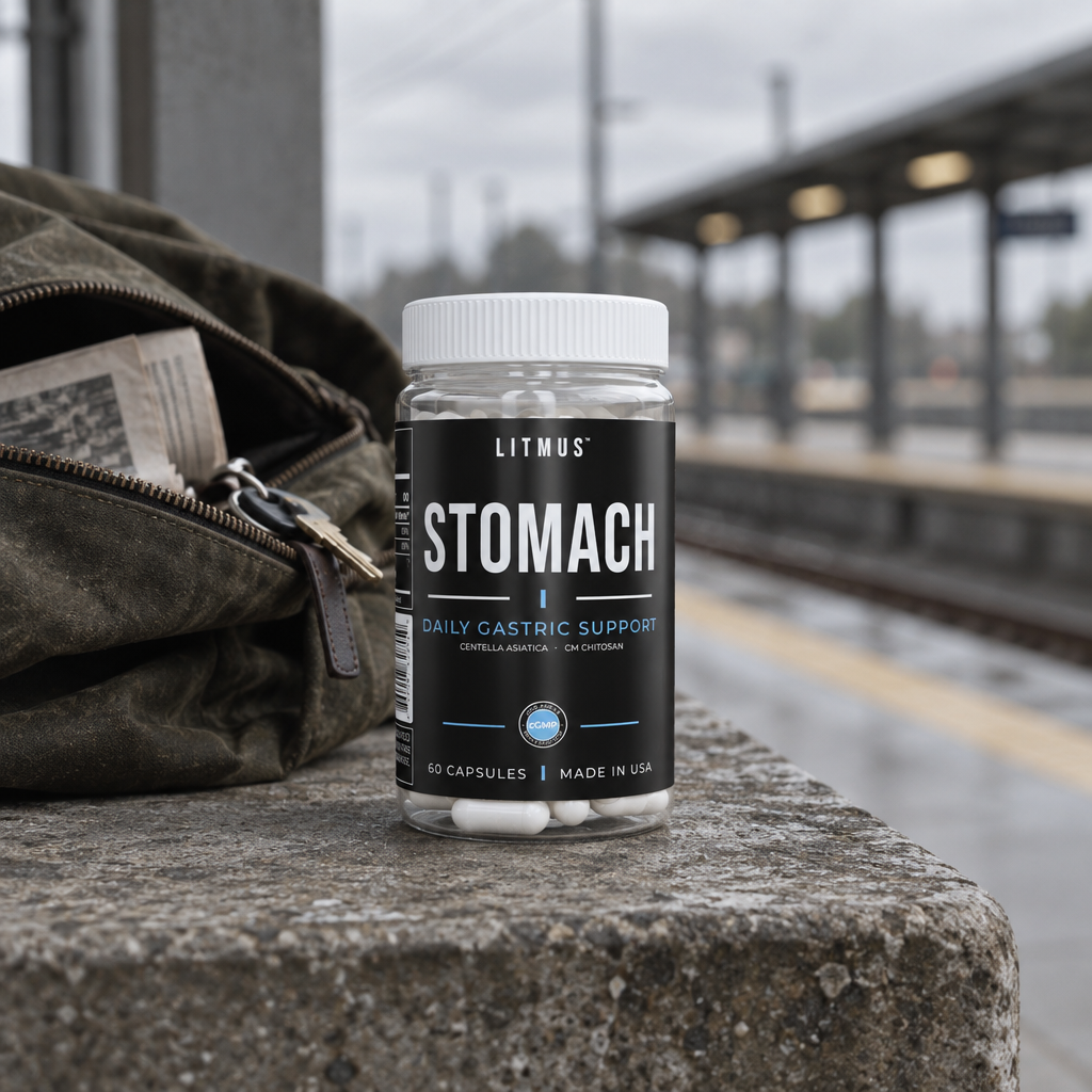 STOMACH jar on a stone ledge at a train platform, next to a canvas bag holding keys and a newspaper.