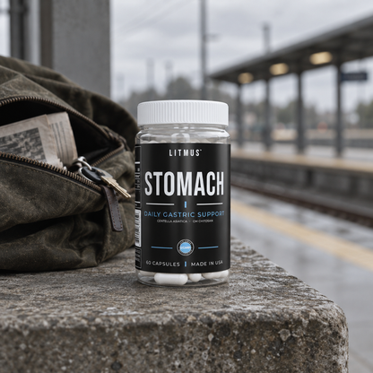 STOMACH jar on a stone ledge at a train platform, next to a canvas bag holding keys and a newspaper.