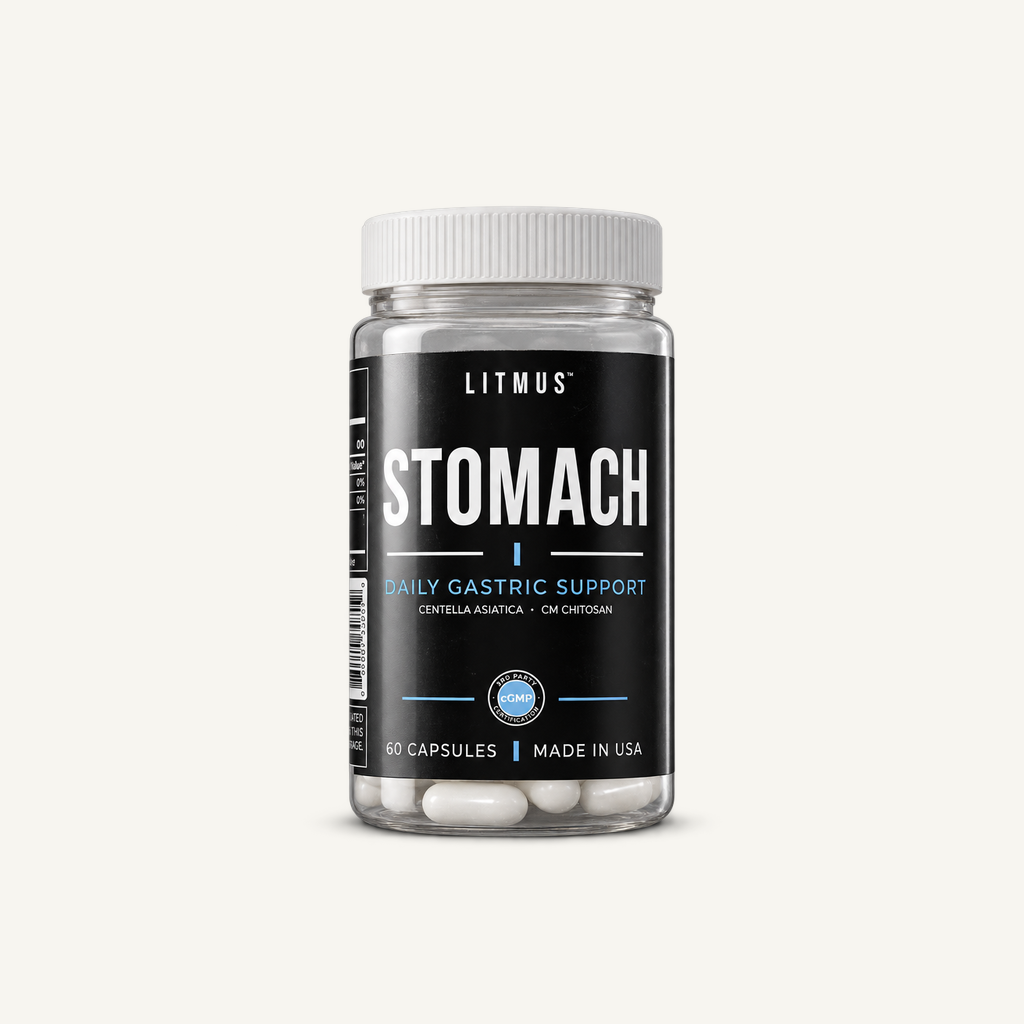 Jar of LITMUS STOMACH, a daily stomach lining supplement with gotu kola and CM chitosan, on an off-white background.
