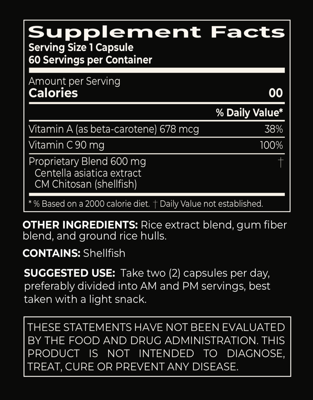 STOMACH Supplement Facts panel: vitamin A, vitamin C and a 600 mg blend of Centella asiatica extract and CM chitosan.