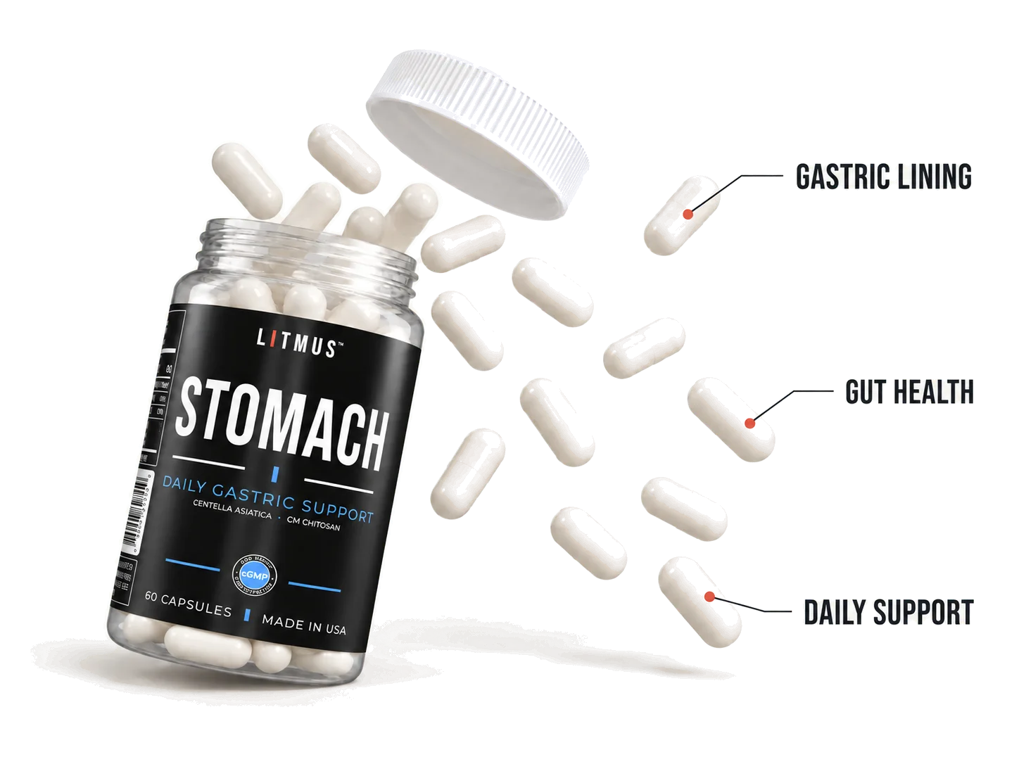 Open LITMUS STOMACH jar with floating capsules: a daily digestive health supplement for stomach lining support.