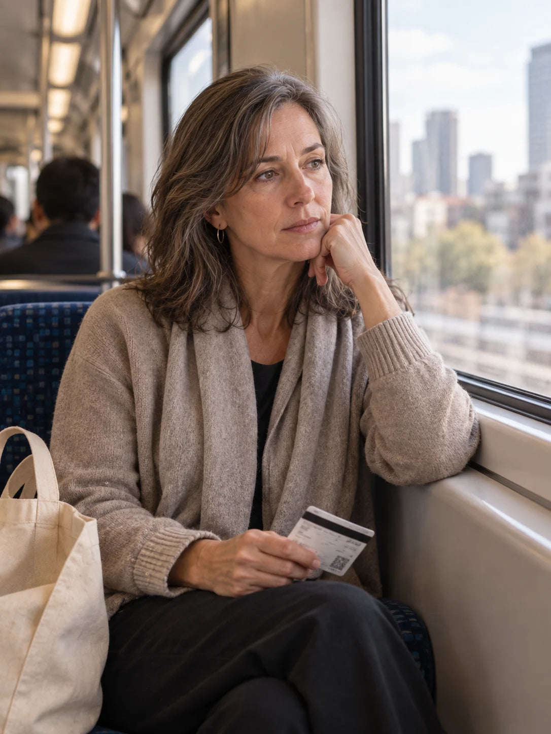 A woman looks out of a train window, ticket in hand.