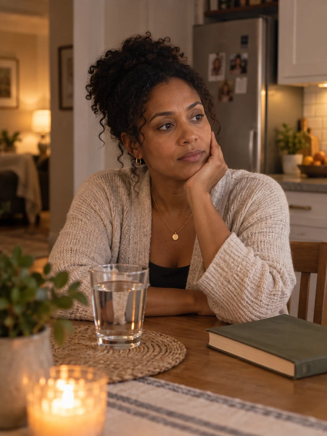 A woman sits at her kitchen table in the evening.
