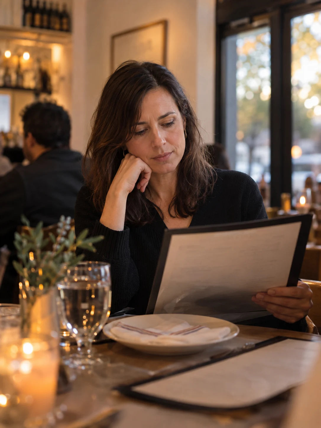 A woman studies a restaurant menu at a candlelit table.