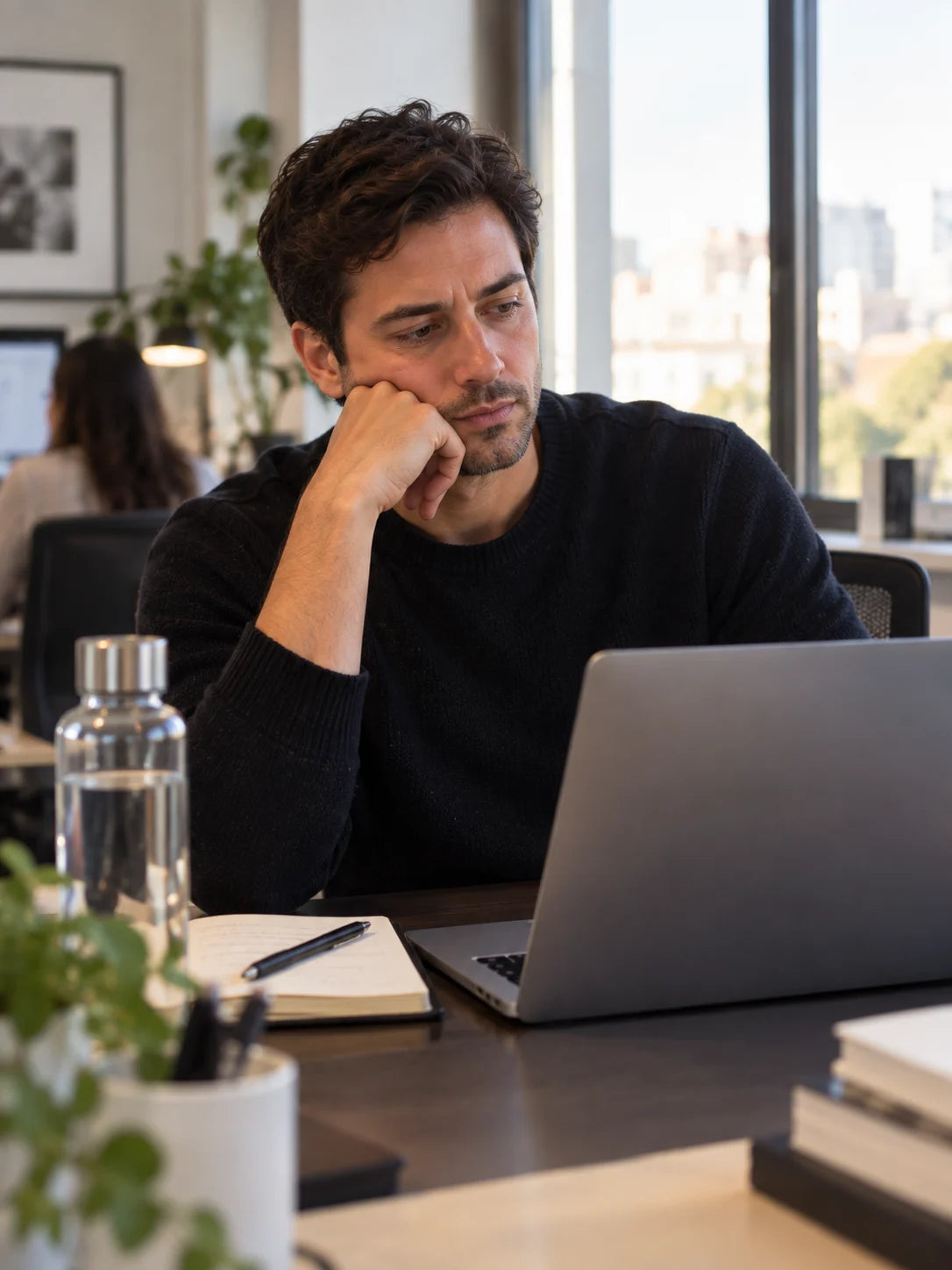 A man pauses at his laptop in a bright office.